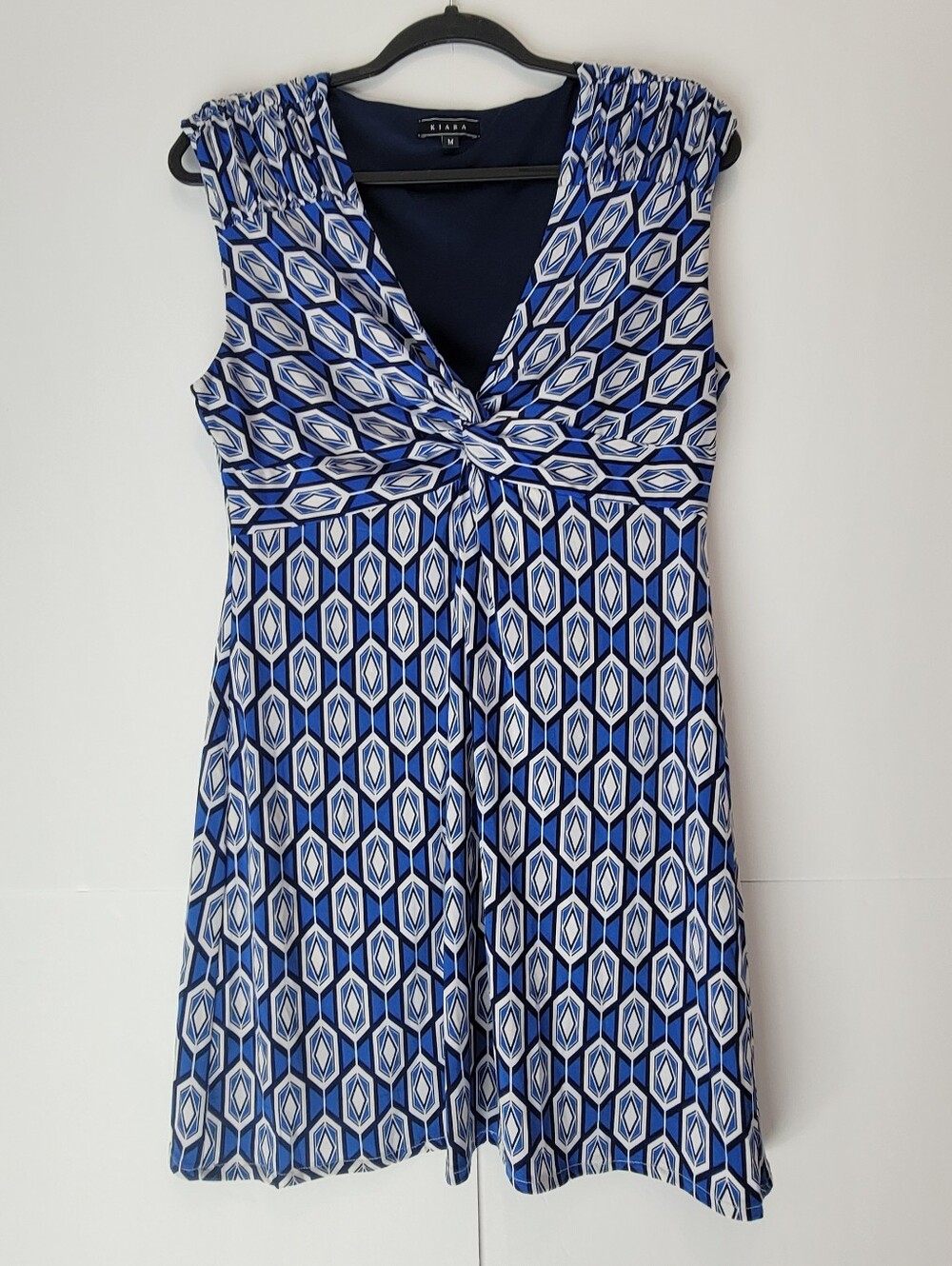Kiara Blue Geometric Twist Front Sleeveless Dress – Size M